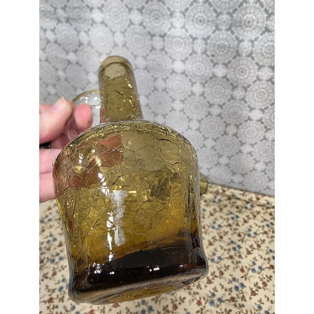 Vintage Crackle Glass Vases Olive Brown Pitcher with Caged‎ Glass Stand Boho Set